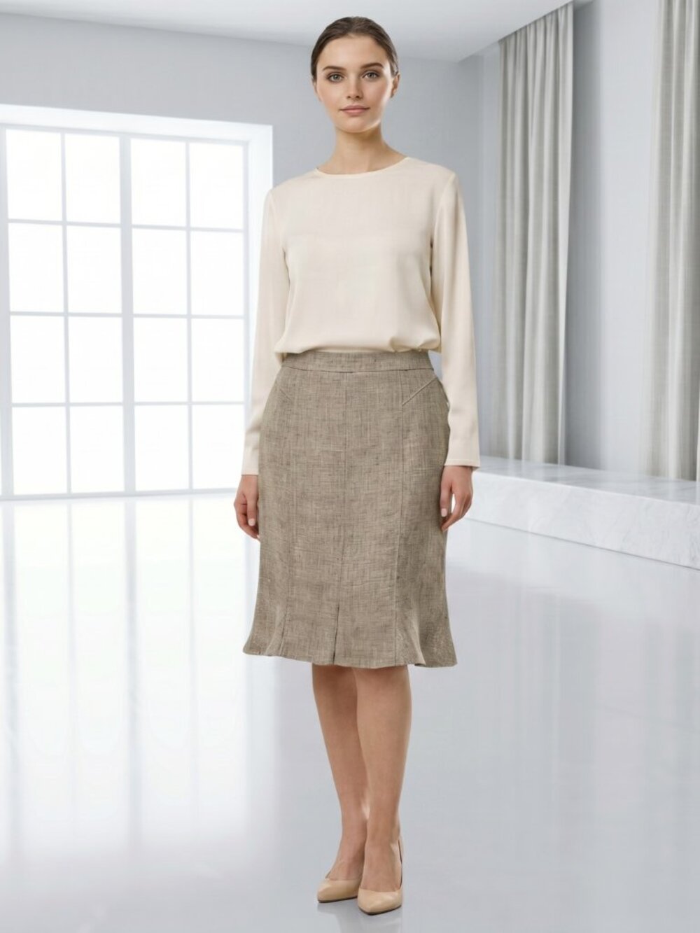 Gerard Darel Italian Linen Fluted Skirt Subtle Sparkle Neutral US 6 IT 40